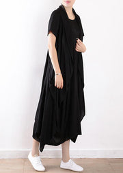 black fashion two pieces linen sleeve mid cardigan loose short sleeve maxi dress - bagstylebliss