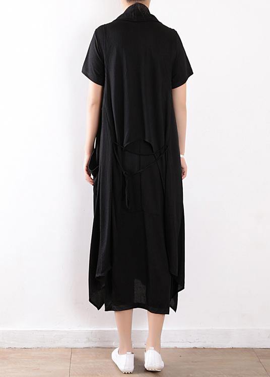 black fashion two pieces linen sleeve mid cardigan loose short sleeve maxi dress - bagstylebliss