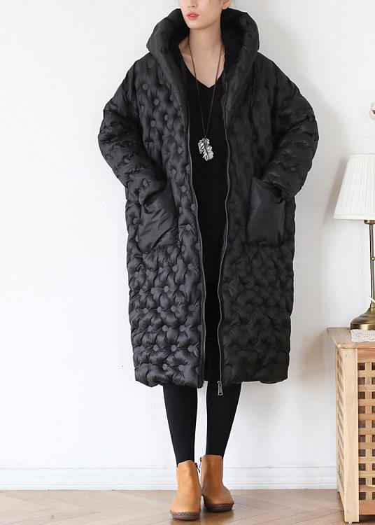 black loose large size hooded long padded jacket cotton thick coat - bagstylebliss