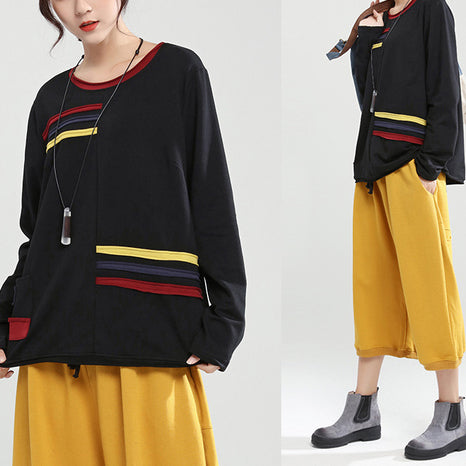 black patchwork oversize cotton pullover casual fashion tops