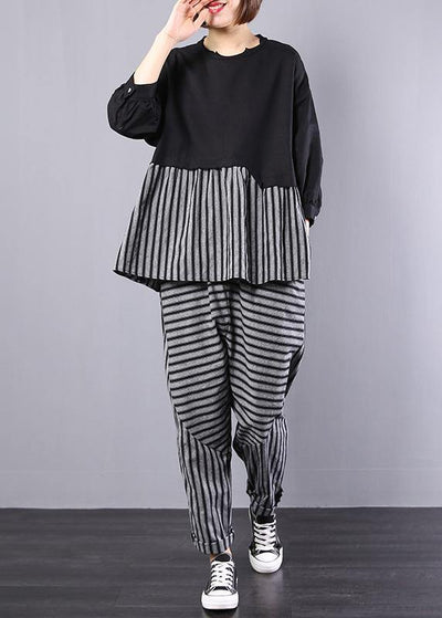 black patchwork striped two pieces cotton linen tops and striped harem pants - bagstylebliss
