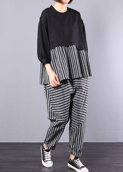 black patchwork striped two pieces cotton linen tops and striped harem pants - bagstylebliss