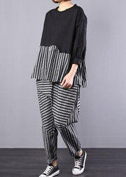 black patchwork striped two pieces cotton linen tops and striped harem pants - bagstylebliss