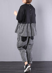 black patchwork striped two pieces cotton linen tops and striped harem pants - bagstylebliss