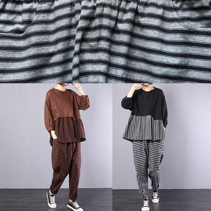 black patchwork striped two pieces cotton linen tops and striped harem pants - bagstylebliss