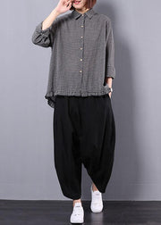black plaid long sleeve cotton linen blouse with women black pants two pieces - bagstylebliss