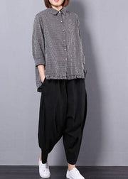black plaid long sleeve cotton linen blouse with women black pants two pieces - bagstylebliss