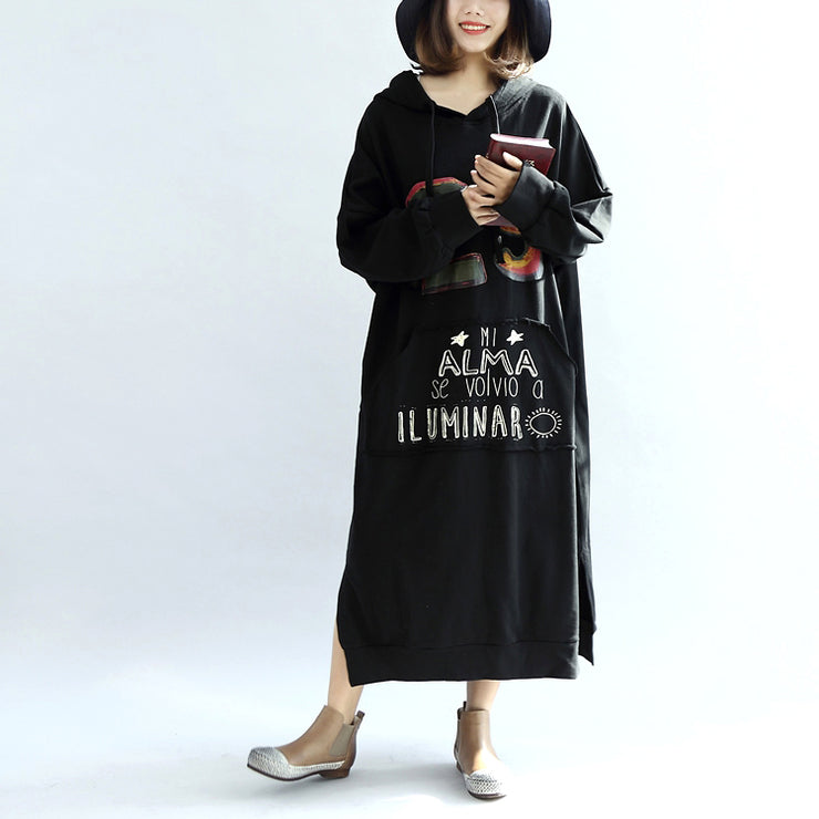 black print casual cotton dresses plus size hooded thick side open dress