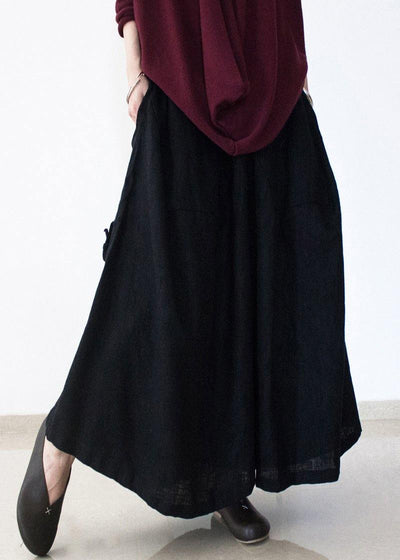 black retro drawstring folds gradient loose large size wide leg pants thick cotton linen skirt pants - bagstylebliss