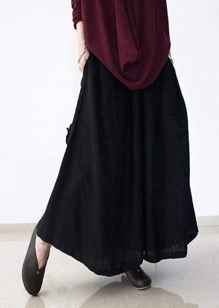 black retro drawstring folds gradient loose large size wide leg pants thick cotton linen skirt pants - bagstylebliss