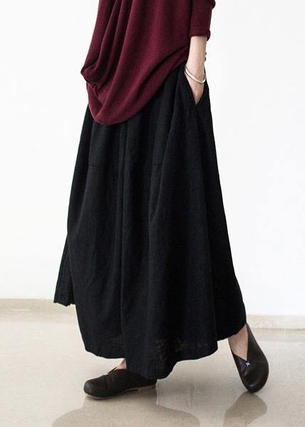 black retro drawstring folds gradient loose large size wide leg pants thick cotton linen skirt pants - bagstylebliss