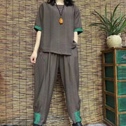 blackish green casual cotton low high design tops and elastic waist pants suit