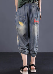 blue cotton new patchwork pants loose Cinched jeans - bagstylebliss