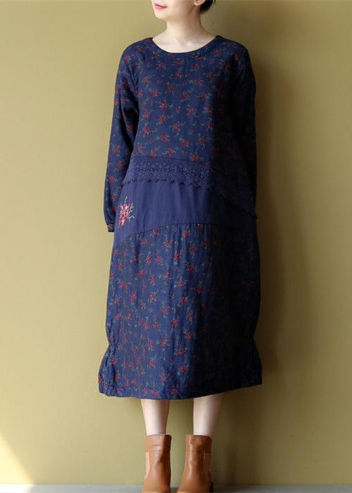 blue floral cotton warm dresses plus size embroidery linen casual long sleeve patchwork dresses