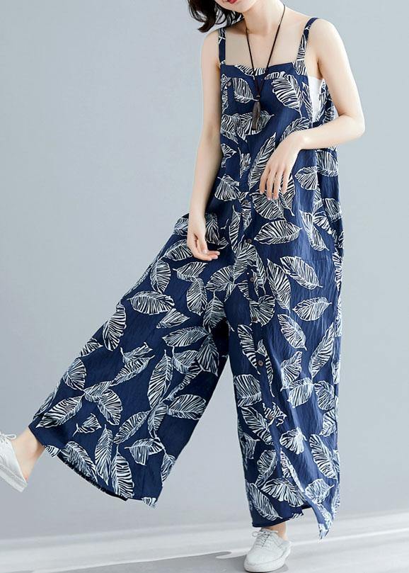 blue prints summer asymmetric button jumpsuit pants plus size cotton carpenter pants - bagstylebliss