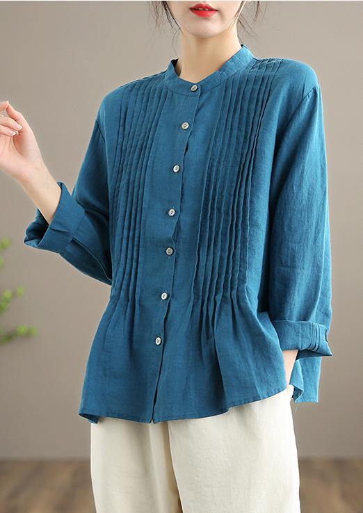 Organic Blue Spring Linen Shirt Tunics Casual Cotton Blouse - bagstylebliss