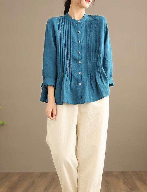 Organic Blue Spring Linen Shirt Tunics Casual Cotton Blouse - bagstylebliss