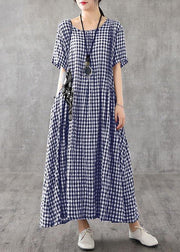 Blue Plaid Linen Dresses Summer Cotton Dress - bagstylebliss