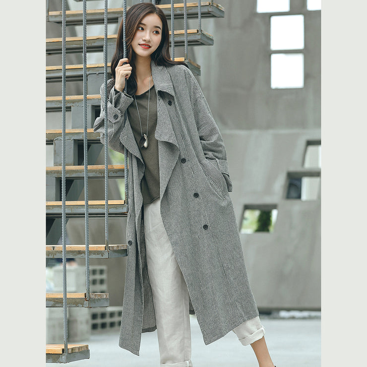 boutique Plaid Coat plus size Notched tie waist maxi coat New double breasted long coat