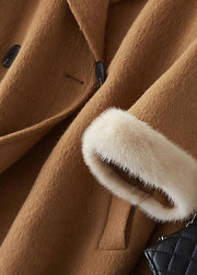 boutique beige Woolen Coats oversize medium length jackets fur collar coat double breast - bagstylebliss