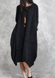 Boutique Black Cotton Linen Caftans Oversized O Neck Asymmetric Traveling Dress Vintage Long Sleeve Baggy Dresses