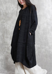 Boutique Black Cotton Linen Caftans Oversized O Neck Asymmetric Traveling Dress Vintage Long Sleeve Baggy Dresses