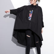 Boutique-Baumwolloberteile mit schwarzer Stickerei, übergroße Reisekleidung, Vintage-Baumwoll-T-Shirt mit niedrigen, hohen Fledermausärmeln
