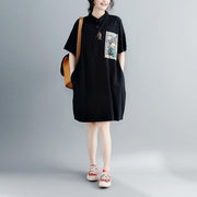 Boutique schwarzes Kleid aus natürlicher Baumwolle übergroßes Kleid aus Baumwolle Elegantes Kurzarm-Kleid mit Umlegekragen