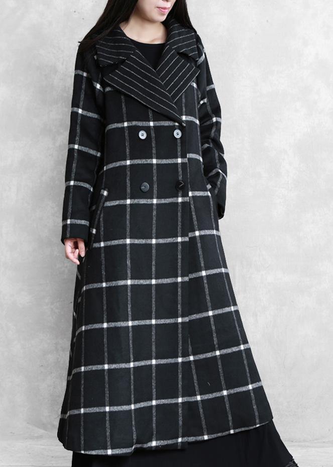 boutique black plaid wool coat for woman Loose fitting Notched tie waist Winter coat - bagstylebliss