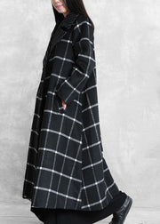 boutique black plaid wool coat for woman Loose fitting Notched tie waist Winter coat - bagstylebliss