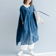 boutique blue striped linen maxi dress trendy plus size O neck baggy dresses gown Fine half sleeve side open maxi dresses