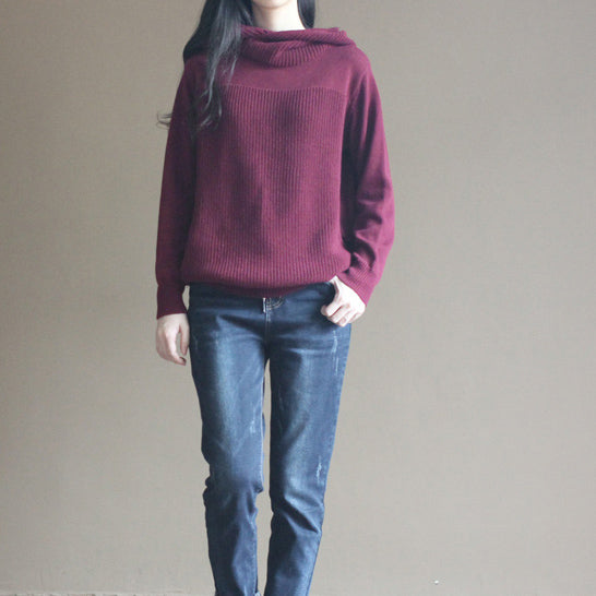 boutique burgundy winter sweater Loose fitting knitted tops Elegant thick blouse long sleeve