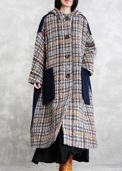 boutique casual long winter coat blue plaid patchwork hooded wool overcoat - bagstylebliss