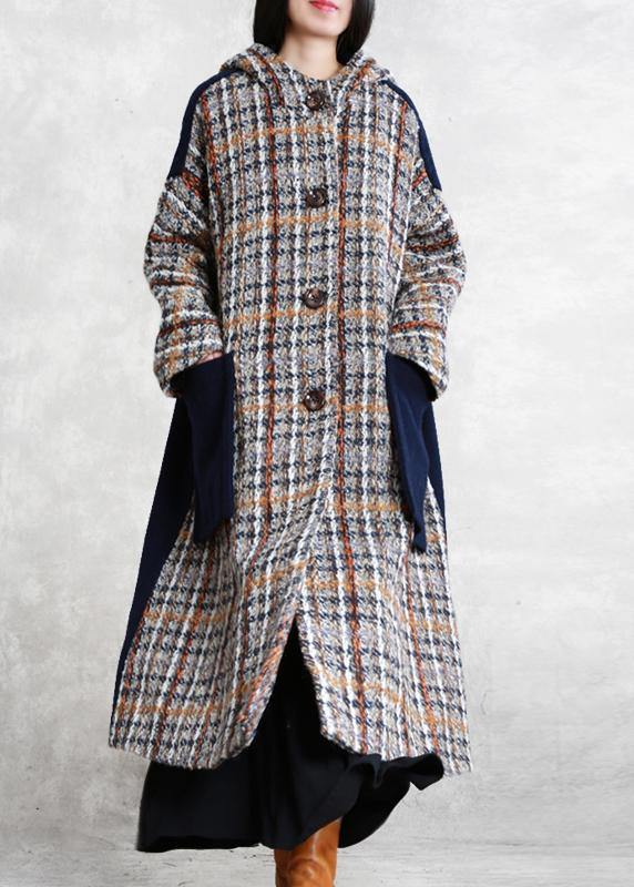 boutique casual long winter coat blue plaid patchwork hooded wool overcoat - bagstylebliss