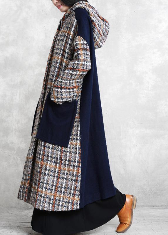 boutique casual long winter coat blue plaid patchwork hooded wool overcoat - bagstylebliss