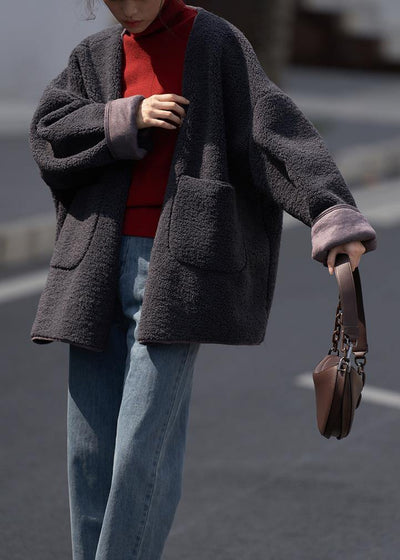 boutique dark gray Woolen Coats casual winter jackets v neck pockets women coats - bagstylebliss