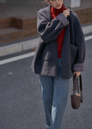boutique dark gray Woolen Coats casual winter jackets v neck pockets women coats - bagstylebliss