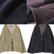 boutique dark gray Woolen Coats casual winter jackets v neck pockets women coats - bagstylebliss