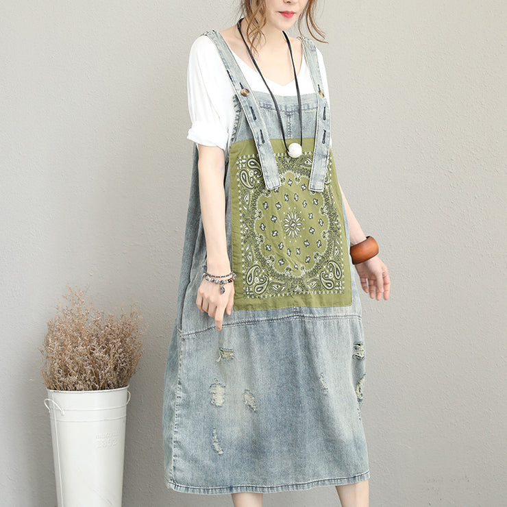 boutique denim light blue natural cotton dress oversize sleeveless gown vintage patchwork prints dresses