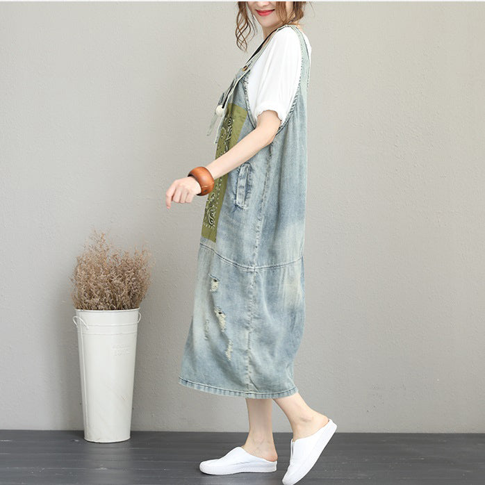 boutique denim light blue natural cotton dress oversize sleeveless gown vintage patchwork prints dresses