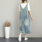 boutique denim light blue natural cotton dress oversize sleeveless gown vintage patchwork prints dresses