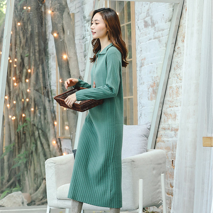 Boutique grüne Strickkleider plus Größe V-Ausschnitt lange Strickpullover 2018 Winterkleider mit quadratischen Kragentaschen