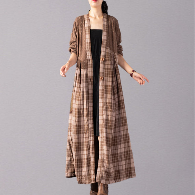 boutique khaki Plaid coats Loose fitting V neck large hem long coat boutique patchwork maxi coat