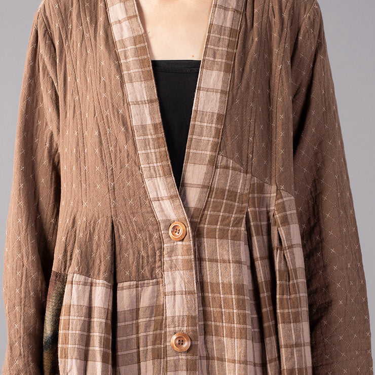 boutique khaki Plaid coats Loose fitting V neck large hem long coat boutique patchwork maxi coat