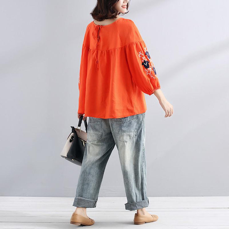 boutique natural linen t shirt Loose fitting Embroidered Women Loose Linen Casual Lacing Folded Orange Shirt