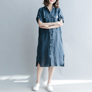 boutique navy linen dresses oversize linen clothing dresses 2018 short sleeve pockets Turn-down Collar midi dress