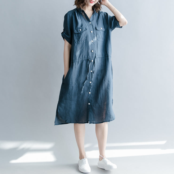 Boutique-Marine-Leinenkleider Oversize-Leinenkleidungskleider 2018 Kurzarmtaschen Umlegekragen-Midikleid