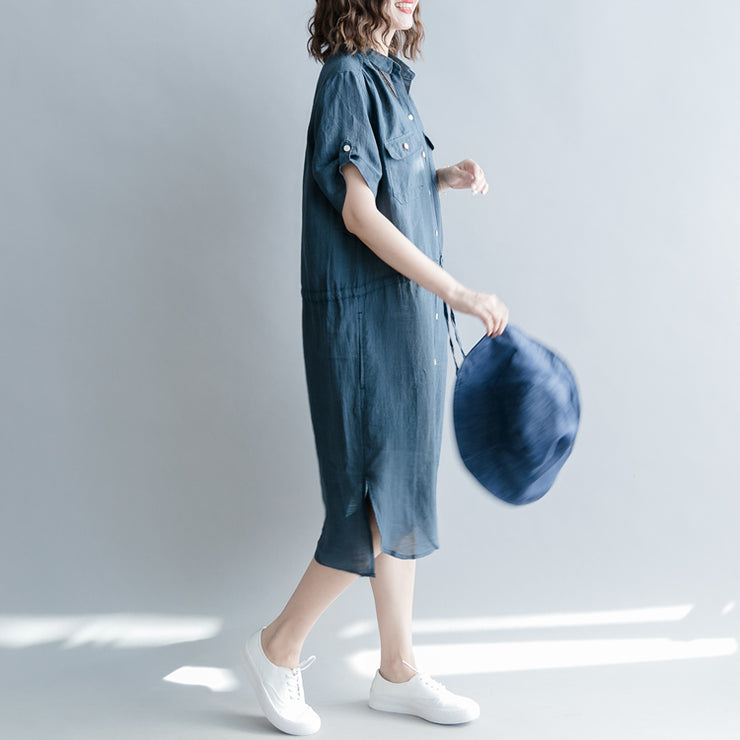 boutique navy linen dresses oversize linen clothing dresses 2018 short sleeve pockets Turn-down Collar midi dress