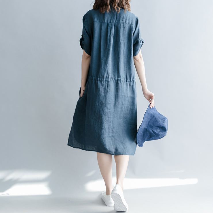 boutique navy linen dresses oversize linen clothing dresses 2018 short sleeve pockets Turn-down Collar midi dress