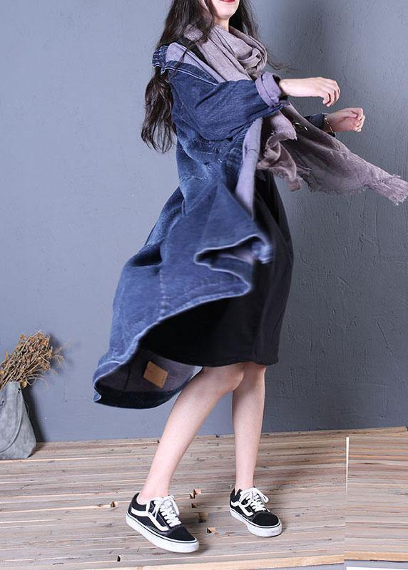boutique oversize long fall denim blue patchwork Button Down women coats - bagstylebliss